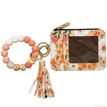 Imagem de FAIREDEAR Carteira feminina Boho com contas – Chaveiro de borla com contas, porta-cartão de crédito com estampa floral, carteira feminina elegante (cáqui, sem bolsa de batom)