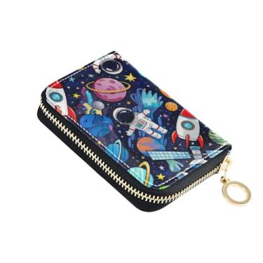 Imagem de Carteira feminina de couro com bloqueio de RFID com protetor de cartão de crédito, carteira pequena para dinheiro com bolso para moedas, planetas espaciais coloridos, astronauta