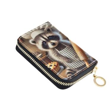 Imagem de Carteira feminina protetora de cartão de crédito com bloqueio de RFID, zíper ao redor de couro, porta-moedas com chaveiro, fofo animal guaxinim