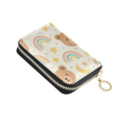 Imagem de Carteira feminina fofa de urso arco-íris bege com porta-cartões com bloqueio de RFID e bolso para moedas