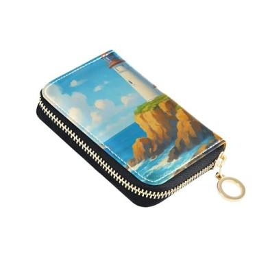 Imagem de Carteira feminina pequena com bloqueio de RFID, carteira masculina de couro fofo com bolso para moedas, aquarela farol azul mar