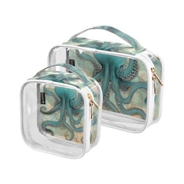 Imagem de GAIGEO Bolsa transparente de viagem de gato amarelo em azul e preto, bolsa de higiene cosmética de grande capacidade, acessórios de viagem, Textura retrô de madeira velha, coral, vida marinha, one