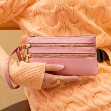 Imagem de Carteira de mão rosa para mulheres - Bolsa de couro PU com zíper duplo com alça de pulso, suporte de cartão de grande capacidade para dinheiro, moedas e telefone (18,5 x 11,5 x 1,8 cm)