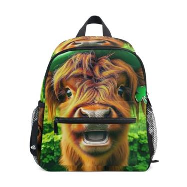 Imagem de GAIGEO Highland Cow Calf St Patricks Backpacks for Kids with Whistle, 2 Bottle Pockets, Lightweight, Backpacks for Preschool 10x4x12 In, for Ages 3-8