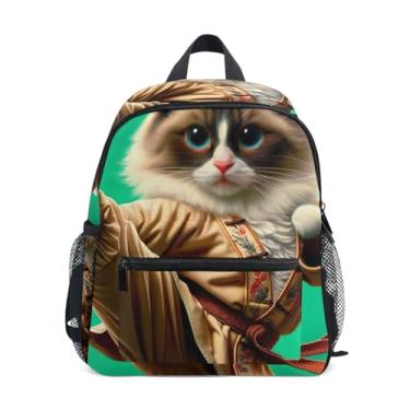 Imagem de GAIGEO Ragdoll Kung Fu Cat Funny Small Toddler Backpack 10x4x12 In, Little Boys Backpack with Water Bottle Pockets, Whistle Buckle