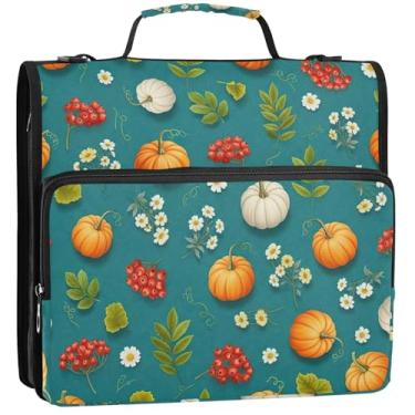 Imagem de Organizador de fichário laranja branco abóboras com zíper, 3 anéis, 3 anéis, bolsa de fichário para ensino médio com alça, vários bolsos, pasta grande, 34,5 x 31,5 x 9 cm