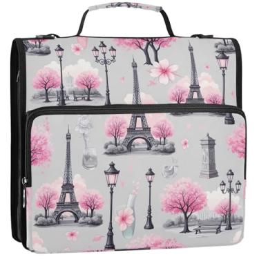 Imagem de Organizador básico de fichário com zíper, 3 anéis, torre de paris, árvores, cinza, portfólio e estojo, pasta de anel, bolsa escolar com alça de ombro, 34,5 x 31,5 x 9 cm