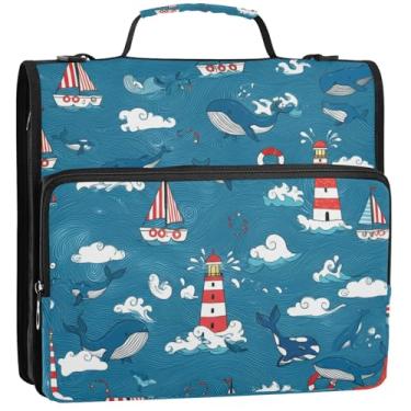 Imagem de Organizador de fichário com zíper, barcos, cenário oceânico, 3 fichários de 3,8 cm, bolsa escolar rosa com alça de ombro, pasta de armazenamento com alça, 34,5 x 31,5 x 9 cm