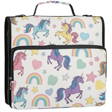 Imagem de Unicórnios coloridos organizador de fichário com zíper 3 fichários anel D bolsa escolar com alça de ombro, vários bolsos, pasta grande para portfólio, 34,5 x 31,5 x 9 cm