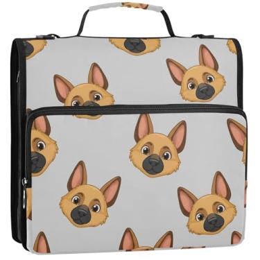 Imagem de Organizador de fichário com zíper fofo cachorro de desenho animado marrom cinza 3 anéis 3 anéis bolsa de fichário escolar resistente com alça de ombro estojo de armazenamento portfólio com alça, 34,5