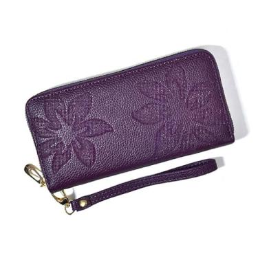 Imagem de Bolsa feminina com zíper, estilo longo, estampa de flores, multicartões, carteiras, cartões de crédito, presente para mulheres, Roxa, Estilo retrô