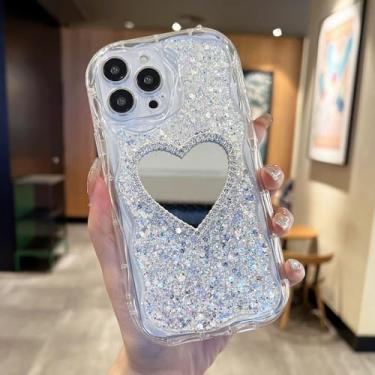 Imagem de Capa para celular com estampa de coração, espelho, glitter e lantejoulas para iPhone 16, 14, 15, 13, 12, 11 Pro Max Plus. Proteção para a lente. Cor: Prata.