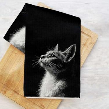 Imagem de Toalhas de cozinha artísticas de gato preto e branco, toalha de prato decorativa de microfibra absorvente, toalhas de mão de waffle para cozinha, casa, banheiro, presentes para amantes de gatos