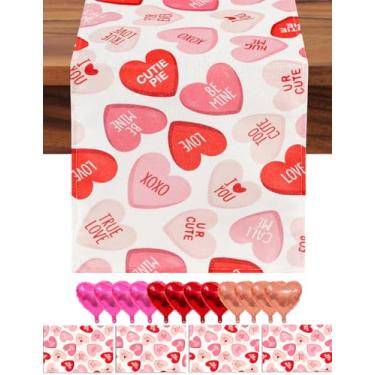 Imagem de multiwins Conjunto de corredor de mesa e jogo americano para o dia dos namorados: 33 x 122 cm rosa Ture Love Heart Caminho de mesa com 4 peças de tapetes de 30 x 45 cm - Inclui balão de amor, 12
