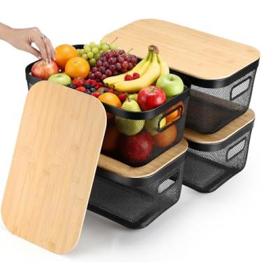 Imagem de Sawysine Cesta de aço de malha de metal com 4 peças com alças e tampas de bambu, cesta de arame empilhável, organização e armazenamento para armários, prateleiras, cozinha, colheita