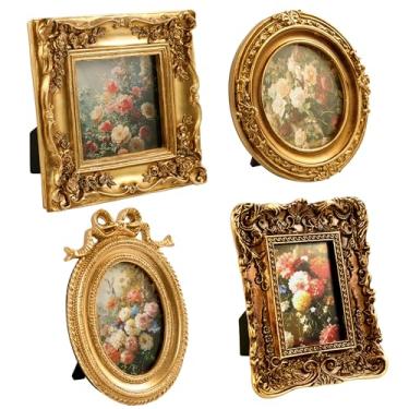 Imagem de Conjunto de 4 molduras pequenas vintage – molduras antigas ornamentadas douradas para pendurar na parede e na mesa, tamanhos mistos: decoração de casa redonda e retangular (14,5 x 12 cm, 14 x 14 cm