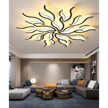 Imagem de Luminária de teto LED moderna, dimerizável e com controle remoto, ideal para sala de estar, quarto e sala de jantar. Possui design que simula chamas e é multifuncional (preta, 15 lâmpadas).