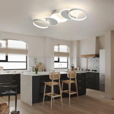 Imagem de Luminária de teto LED circular, moderna, para sala de estar, 3000K a 500K, dimerizável, com controle remoto, ideal para cozinha, escritório, sala de jantar e quarto (branca, circular).