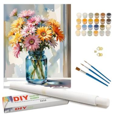 Imagem de Kit de pintura floral natureza morta por números para adultos - margaridas gérberas coloridas DIY em jarra azul pintura em tela enrolada 40,6 x 50,8 cm, conjunto de tinta acrílica para iniciantes