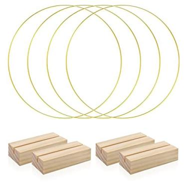 Imagem de YDJIANCAI Pacote com 4 peças centrais de argola floral de metal dourado com suportes de madeira, aros redondos para casamento DIY, decoração de mesa, macramê, grinalda e artesanato para pendurar na