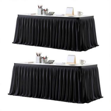 Imagem de Saia de mesa preta retangular para mesa de 2,7 m, saias de mesa para professores, sala de aula, dormitório, mesa, chá de bebê, festa de aniversário, formatura, banquete, casamento, poliéster, plissado
