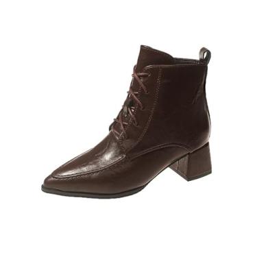 Imagem de Botas de cano curto PU com bico fino e salto médio para mulheres casuais de inverno, Marrom, 38