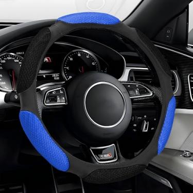 Imagem de Ongfuwu Capa de volante de carro, protetor de couro antiderrapante universal para 38 cm, com almofada de mão macia, respirável e confortável, acessórios internos para carros (preto + azul)