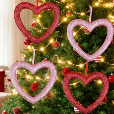 Imagem de LAIAMER 4 peças de enfeites de dia dos namorados de 22 cm para árvore, vermelho/rosa, decoração de árvore de dia dos namorados, enfeites de coração para árvore de Natal, aniversário de casamento, casa