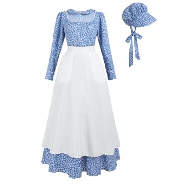 Imagem de CR ROLECOS Vestido de pradaria feminino pioneiro colonial fantasia adulto manga longa floral vestidos de peregrino com avental e gorro XGG