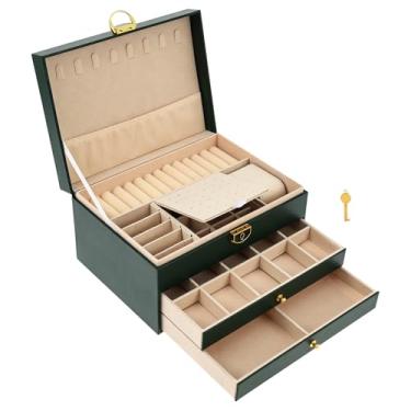 Imagem de Organizador de caixa de joias de 3 camadas, estojo de armazenamento de joias de couro PU com forro de veludo macio para mulheres, brinco, colar, pulseira, anéis, presente de Dia das Mães (verde)