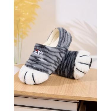 Imagem de Pantufas fofas de gato felpudas para mulheres e homens – Sapatos macios e fofos listrados para uso interno com forro de pelúcia quente, sola antiderrapante, chinelos aconchegantes para quarto de
