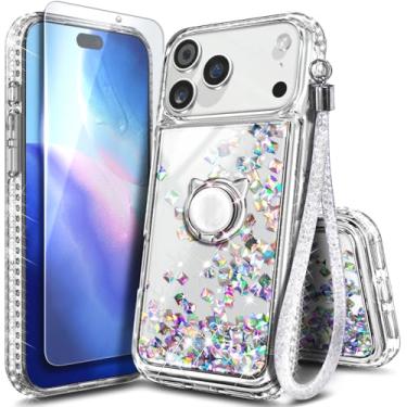Imagem de Capa NGB projetada para iPhone 17-Pro-Max, pedra de cristal | Capa de telefone fofa com glitter líquido brilhante para mulheres e crianças | com protetor de tela de vidro temperado, suporte de anel e