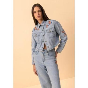 Imagem de Jaqueta Jeans Cropped Com Mangas Longas E Bordados Feminina-Feminino