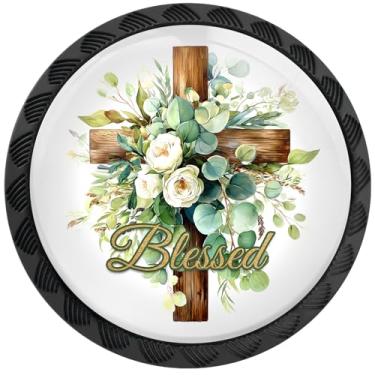 Imagem de Artinhand Pacote com 4 maçanetas de armário com flores de eucalipto verde sálvia verde puxadores de gaveta redondos puxadores cruzados puxadores de porta de armário ferragens para armários de banheiro