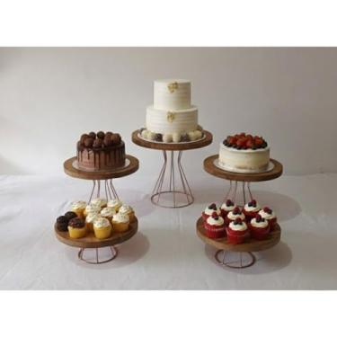 Imagem de Kit Boleira Festa Rústica com Tampo em Madeira Pinus – Kit Decoração Mesa com 5 Boleiras para Festa Aniversário e Casamento(rose gold)