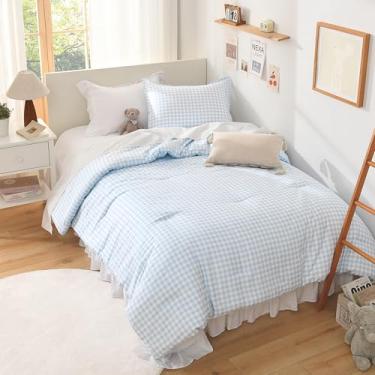 Imagem de Andency Jogo de cama de búfalo xadrez xadrez azul claro (199 x 230 cm), conjunto de cama de búfalo xadrez xadrez para meninas, meninos e crianças, adolescentes, 3 peças, roupa de cama leve de