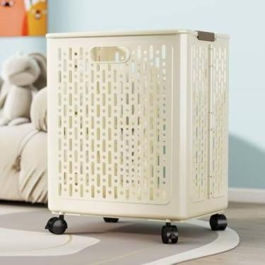 Imagem de Cesto Organizador Dobrável com Rodinhas, Plástico Resistente, Bege, 42x26x39cm, Estrutura Ventilada, para Roupas e Brinquedos