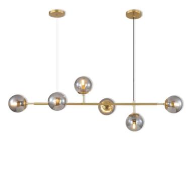 Imagem de Lustre linear moderno com 6 lâmpadas, globos de vidro, estilo meados do século XX, luminária pendente retangular para ilha de cozinha, sala de jantar, restaurante e sala de estar, altura aju