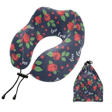 Imagem de Burbuja Almofada de pescoço Love Roses para viagens, almofada de viagem de espuma viscoelástica para dormir, suporte de cabeça de avião, carro, lavável na máquina e portátil
