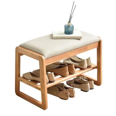 Imagem de Sapateira de banco de entrada de madeira, organizador de armazenamento de 2 níveis, estilo rústico, rolamento de carga durável, perfeito para corredor, sala de estar, móveis de entrada