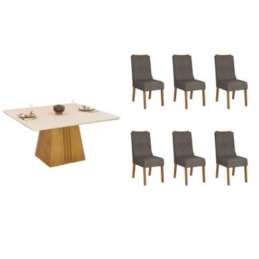 Imagem de Conjunto: Mesa de Cozinha Itália c/ Tampo Madeirado c/ Vidro Curvo 136x136cm e 6 Cadeiras Jade Cedro/Off White - Suede Lunar - DJ Móveis