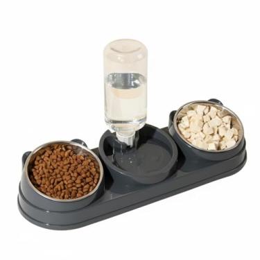 Imagem de Baoblaze Tigelas triplas para gatos com dispensador de água e tigela elevada inclinada de 15° para cães pequenos e coelhos, cinza escuro
