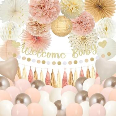 Imagem de Champagne-Gold Boho Baby Shower Party Decorations with Welcome Baby Banner, Neutral Balloons, Paper Lanterns, Streamers, Tissue Pom Poms, Beige Boho Paper Tassel, Rustic Backdrop Decor