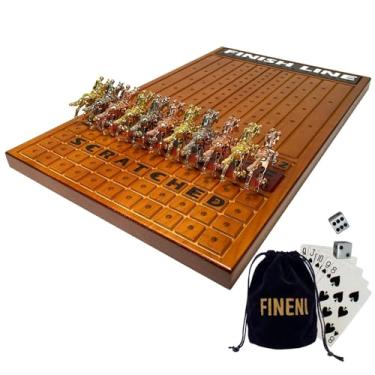 Imagem de FINENI Jogo de corrida de cavalos para adultos – 11 luxuosos cavalos de metal (prata, preto, ouro rosa), tabuleiro de corrida de madeira de pinheiro escuro de 40,6 cm, dados e cartão incluídos (cor