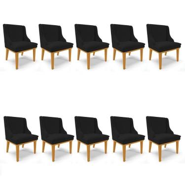 Imagem de Kit 10 Cadeiras Estofadas Para Sala De Jantar Base Fixa De Madeira Castanho Lia Linho Preto - Ibiza