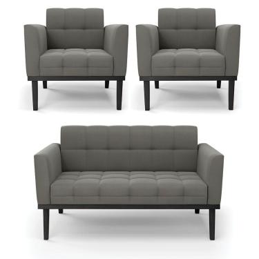 Imagem de Sofá Namoradeira E 2 Poltronas Base De Madeira Preto Elisa Suede D03 - D'rossi Cor Grafite