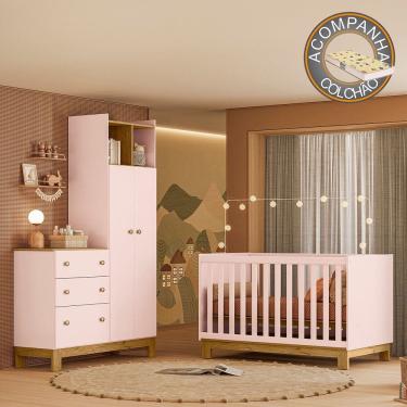 Imagem de Quarto de Bebê com Berço Slim e Guarda Roupa com Cômoda Flora Rosa Qmovi + Colchão Gazin