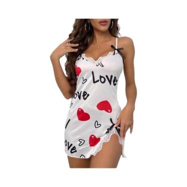 Imagem de Camisola De Cetim Preta Para Mulheres Com Estampa De Coração Vermelho 