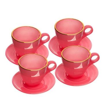 Imagem de 4 Xícaras Wolff Milky de Vidro com Fio de Ouro e Pires Rosa