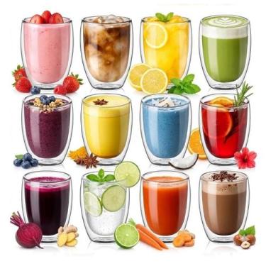 Imagem de Kit 12 Copos Parede Dupla de Vidro 380 ml Cafe Cha Copo Duplo Isolante